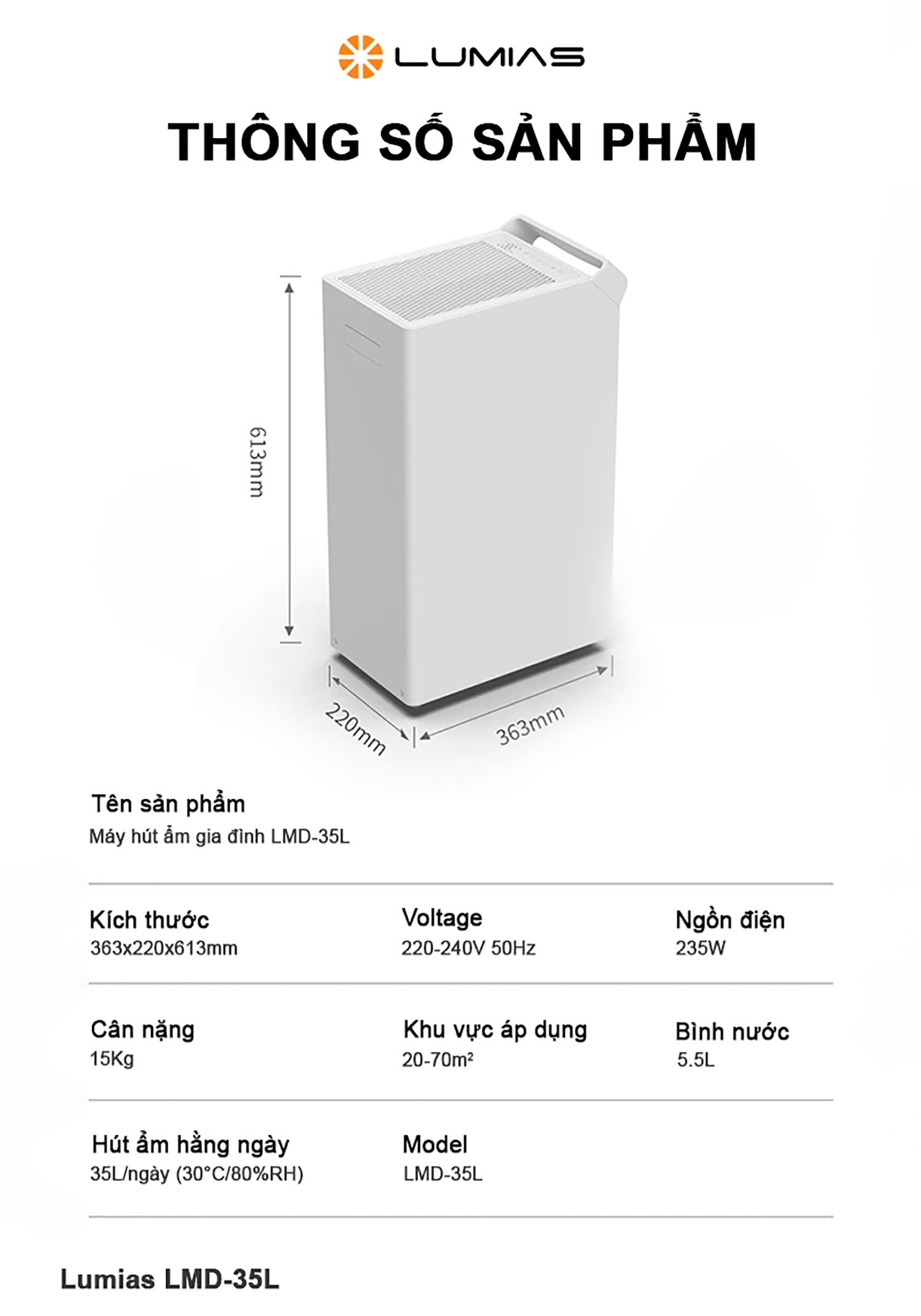 Đặc điểm máy hút ẩm Lumias LMD-35L 