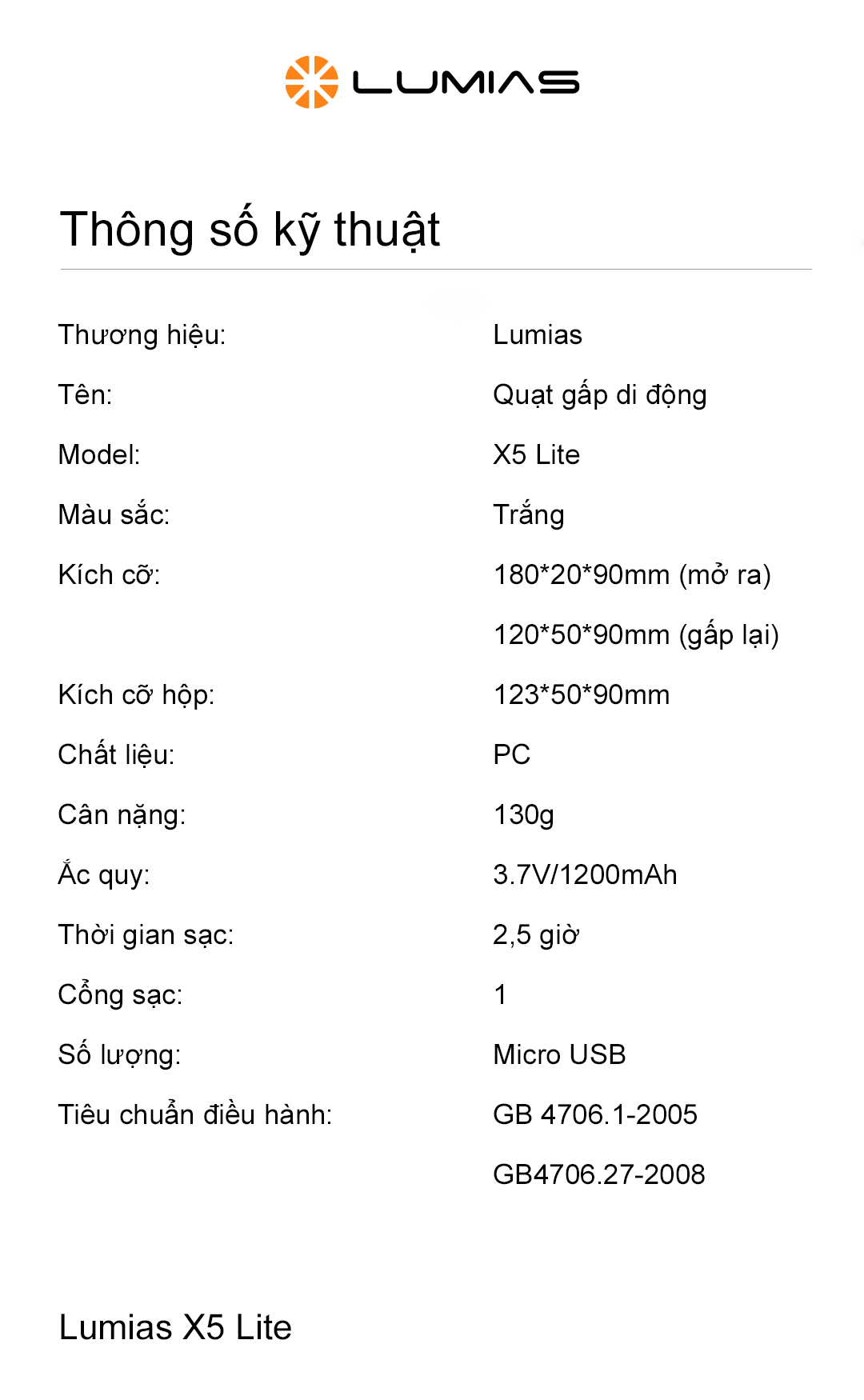 Đặc điểm quạt tích điện cầm tay Lumias X5 lite