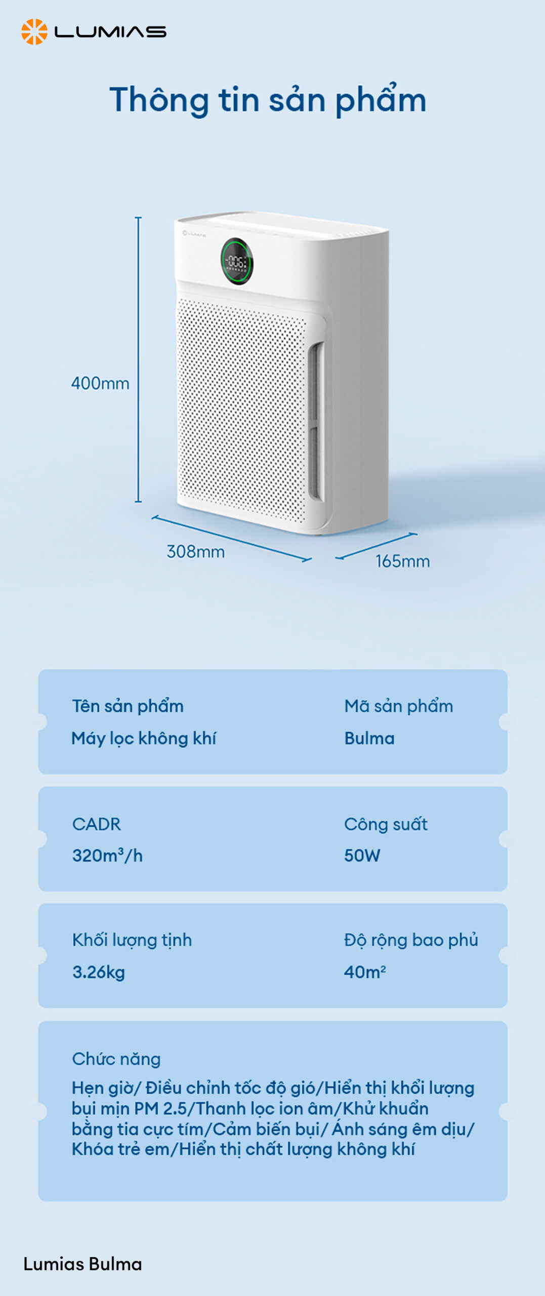 Đặc điểm máy lọc không khí Lumias Bulma