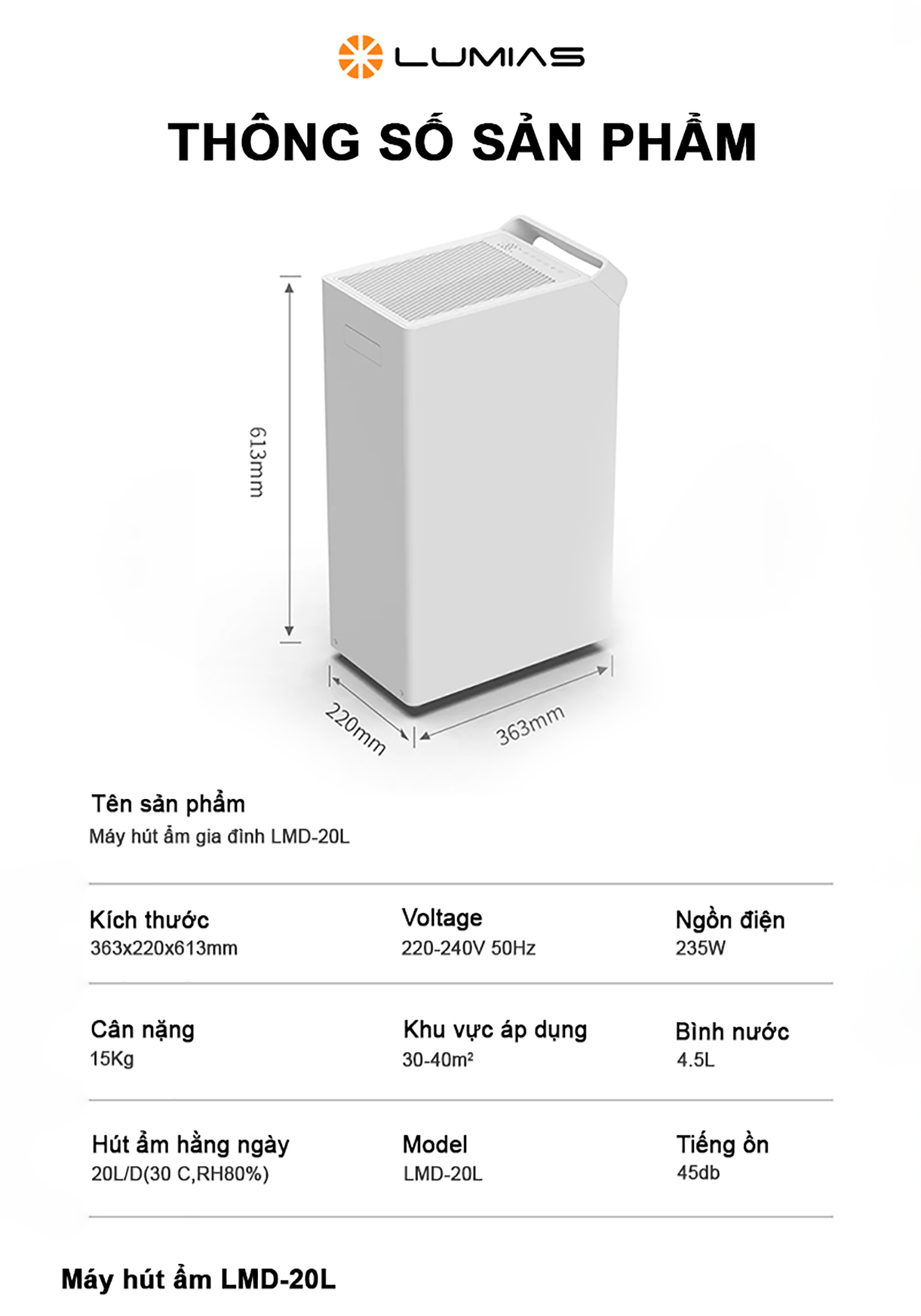 Đặc điểm máy hút ẩm Lumias LMD-20L