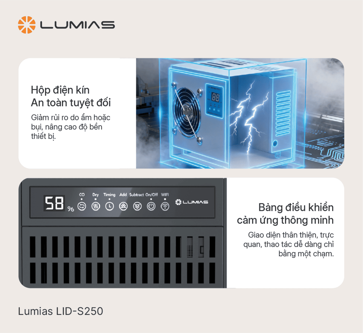 Máy hút ẩm công nghiệp 250L Lumias LID-S250 bảng điều khiển