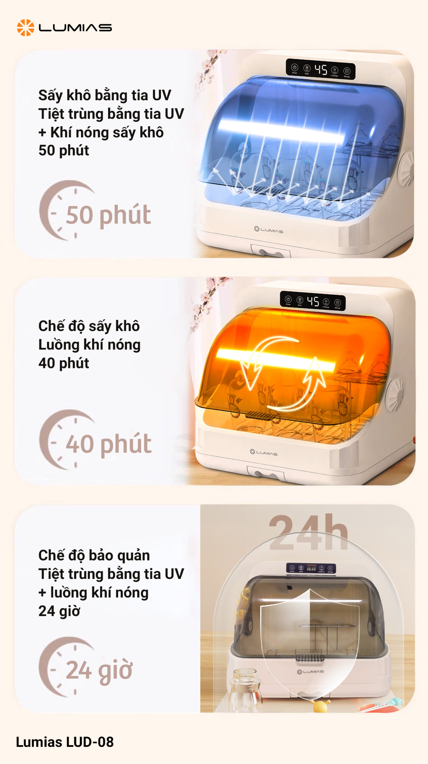 Máy sấy tiệt trùng UV Lumias LUD-08 thời gian