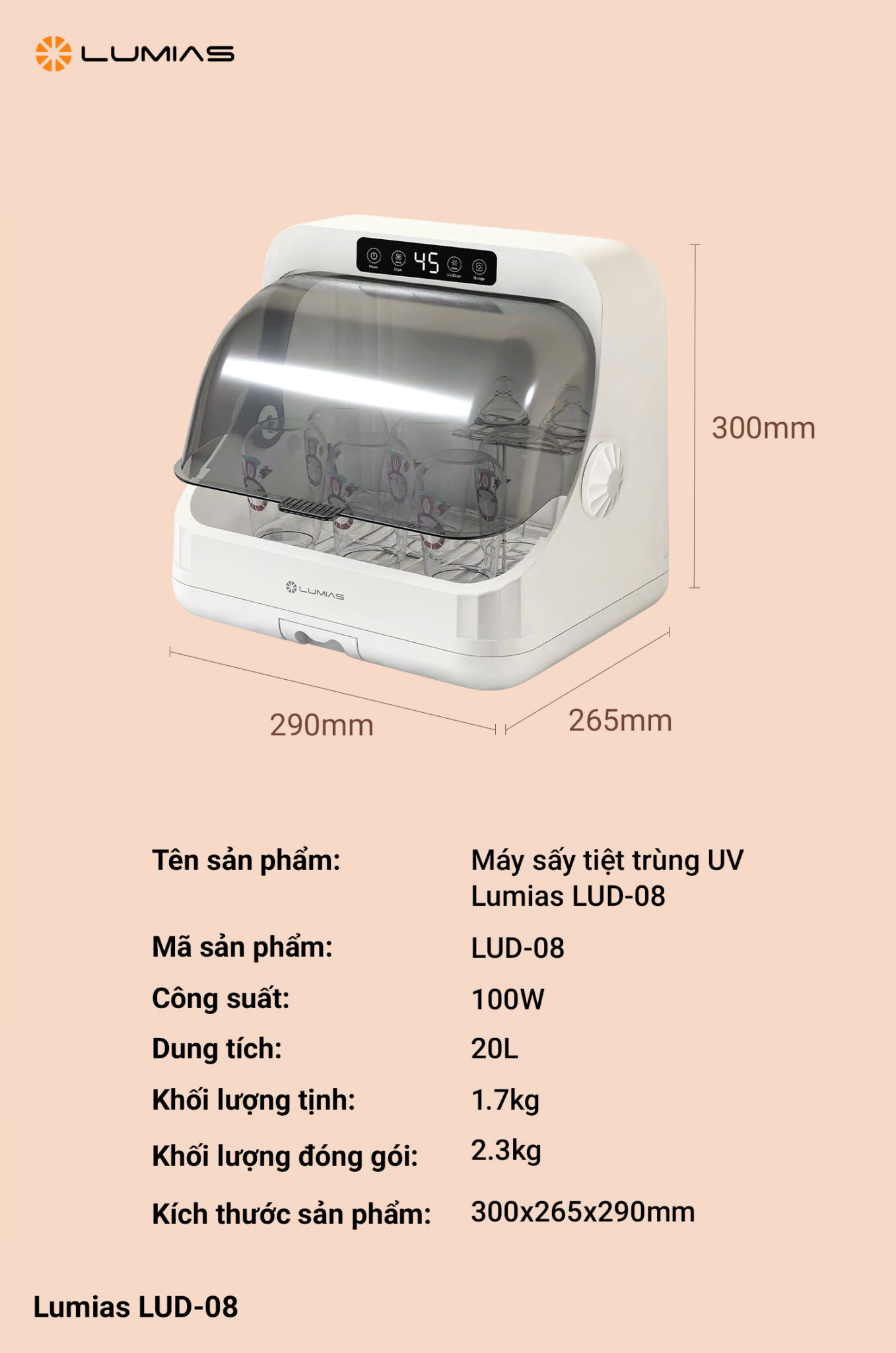 Máy sấy tiệt trùng UV Lumias LUD-08 thông số kỹ thuật