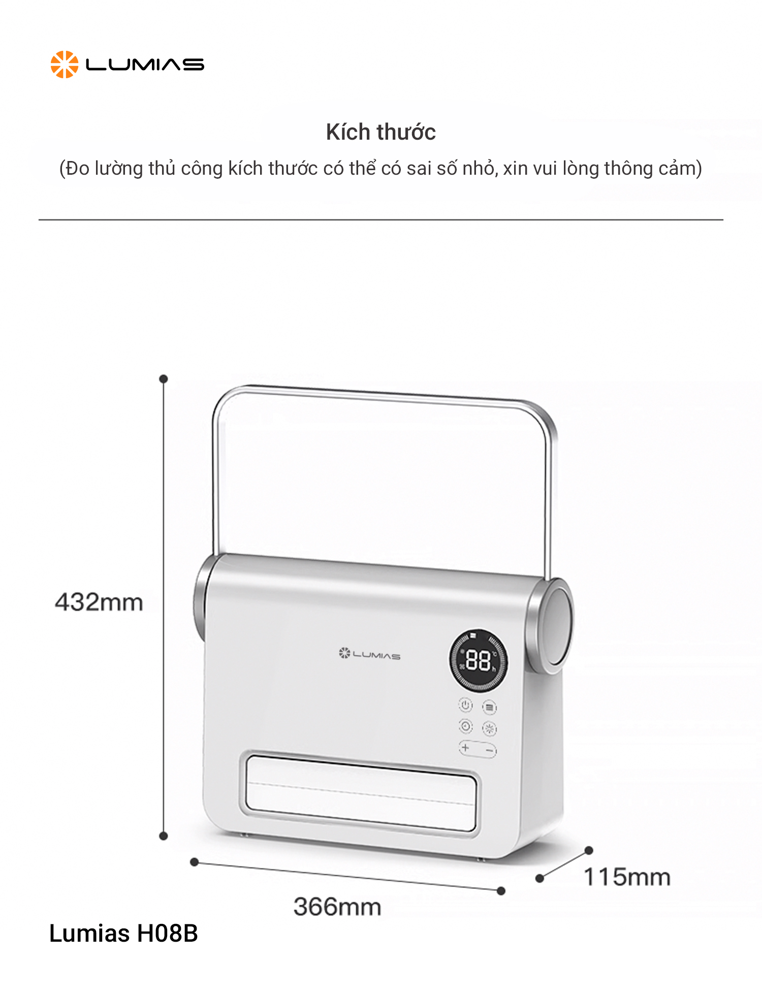 Máy sưởi đa năng Ceramic Lumias H08B kích thước