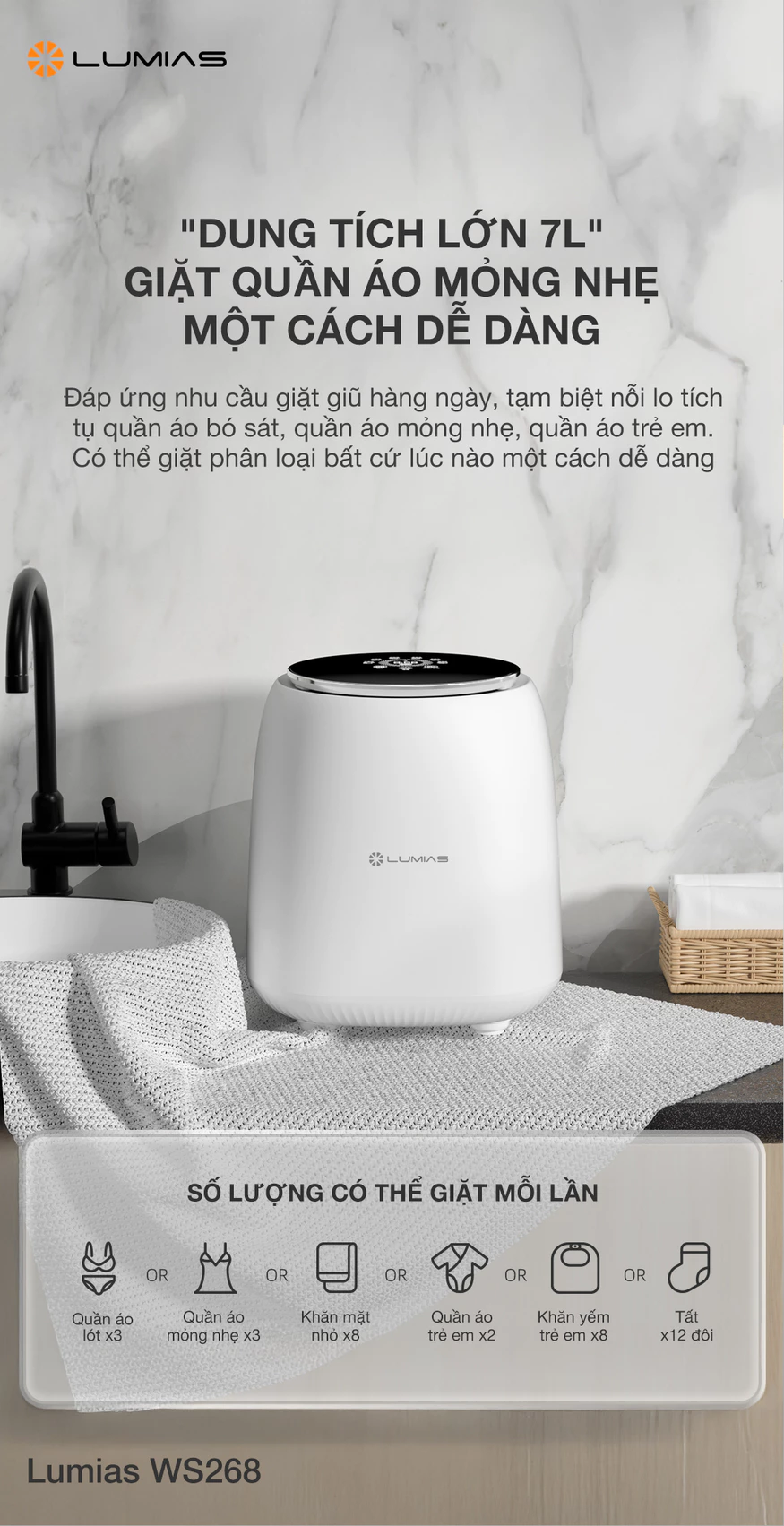 Máy giặt đồ cá nhân mini Lumias WS268 tính năng đa dạng