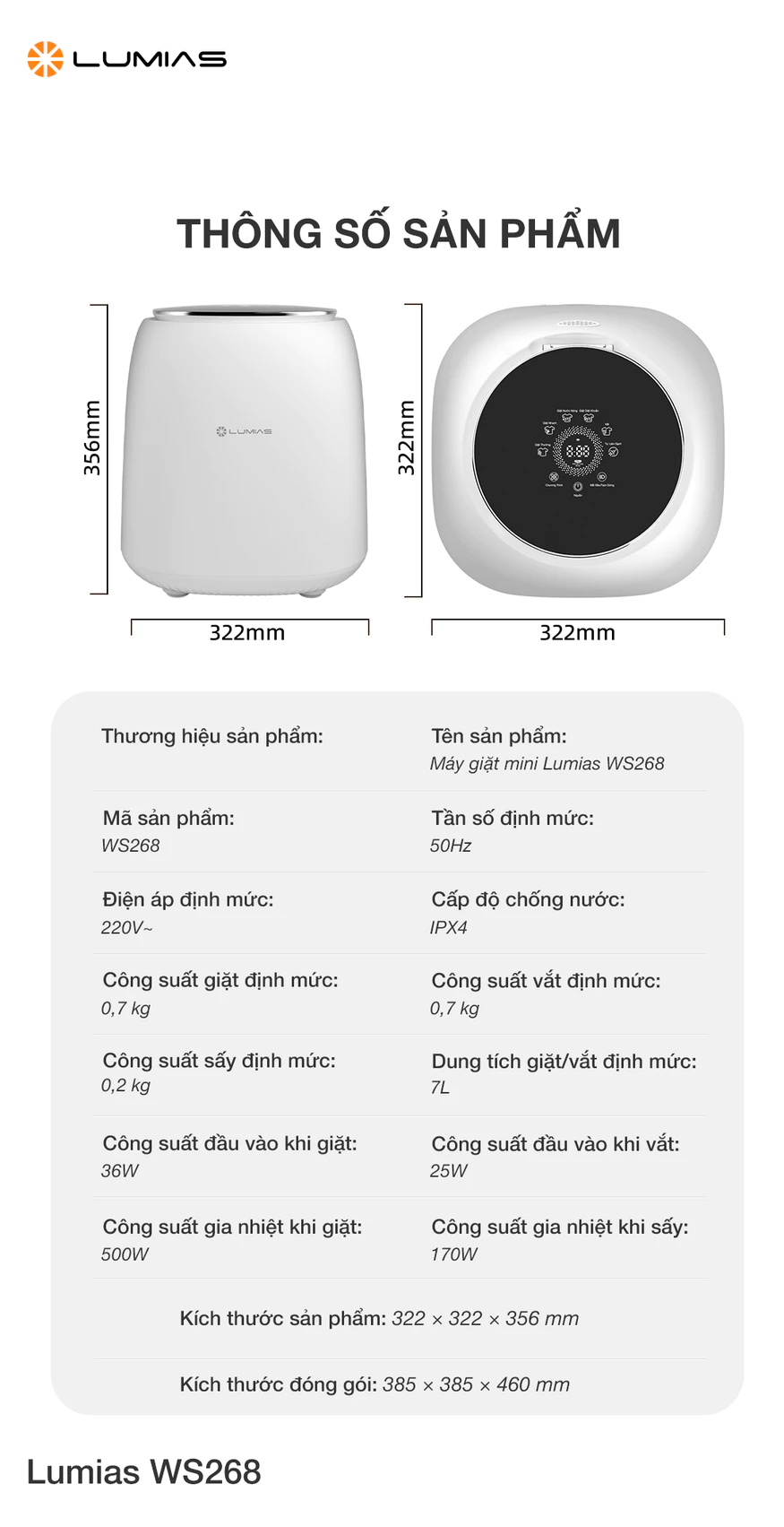 Máy giặt đồ cá nhân mini Lumias WS268 thông số kỹ thuật