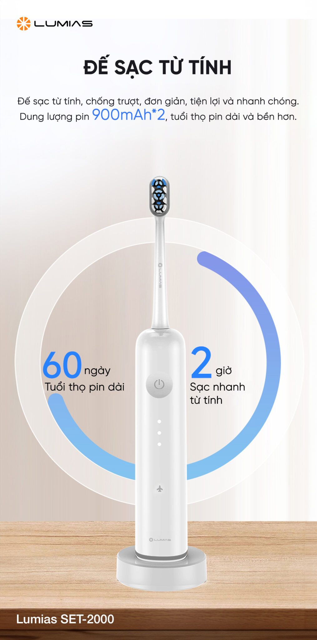 Bàn chải điện Lumias SET-2000 đế sạc tự tính
