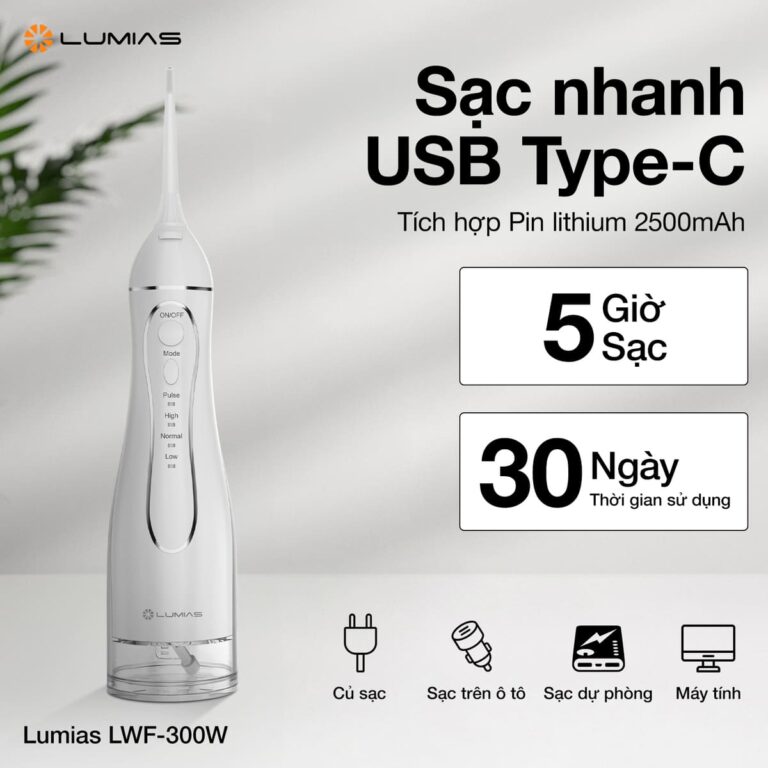 Máy tăm nước dung tích 300ml Lumias LWF-300W sạc nhanh type-c