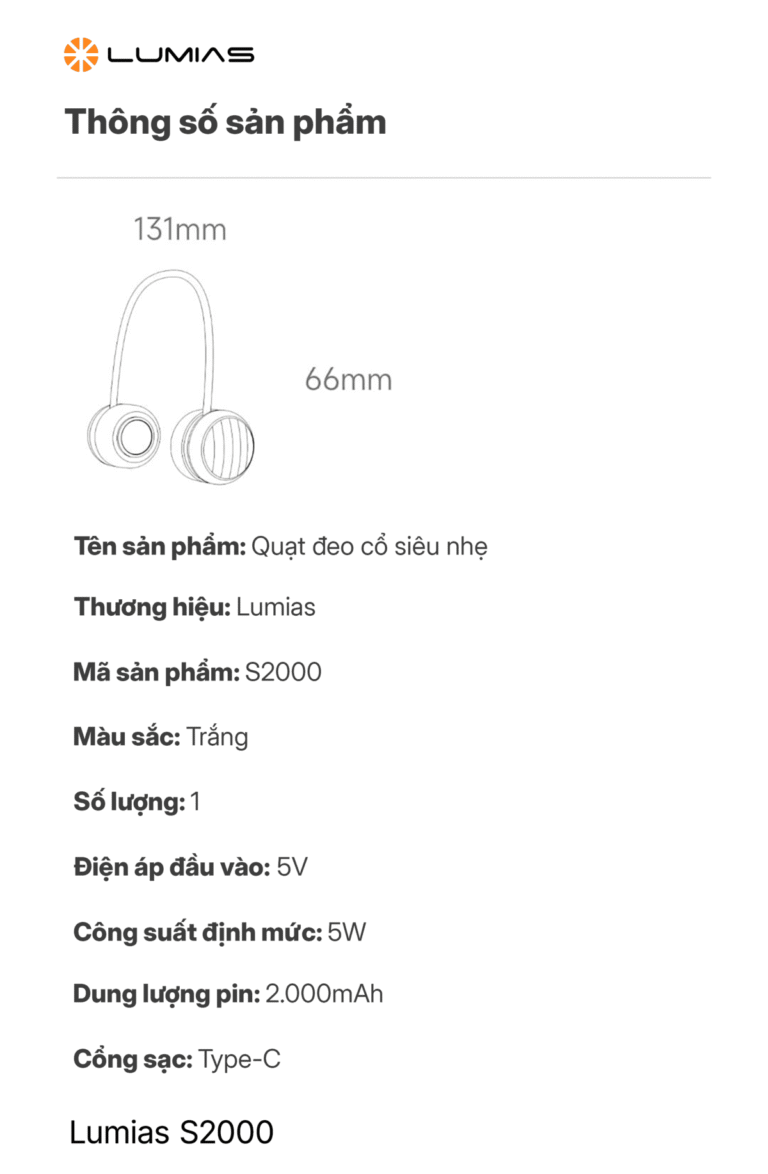 Quạt đeo cổ Lumias S2000 thông số kỹ thuật