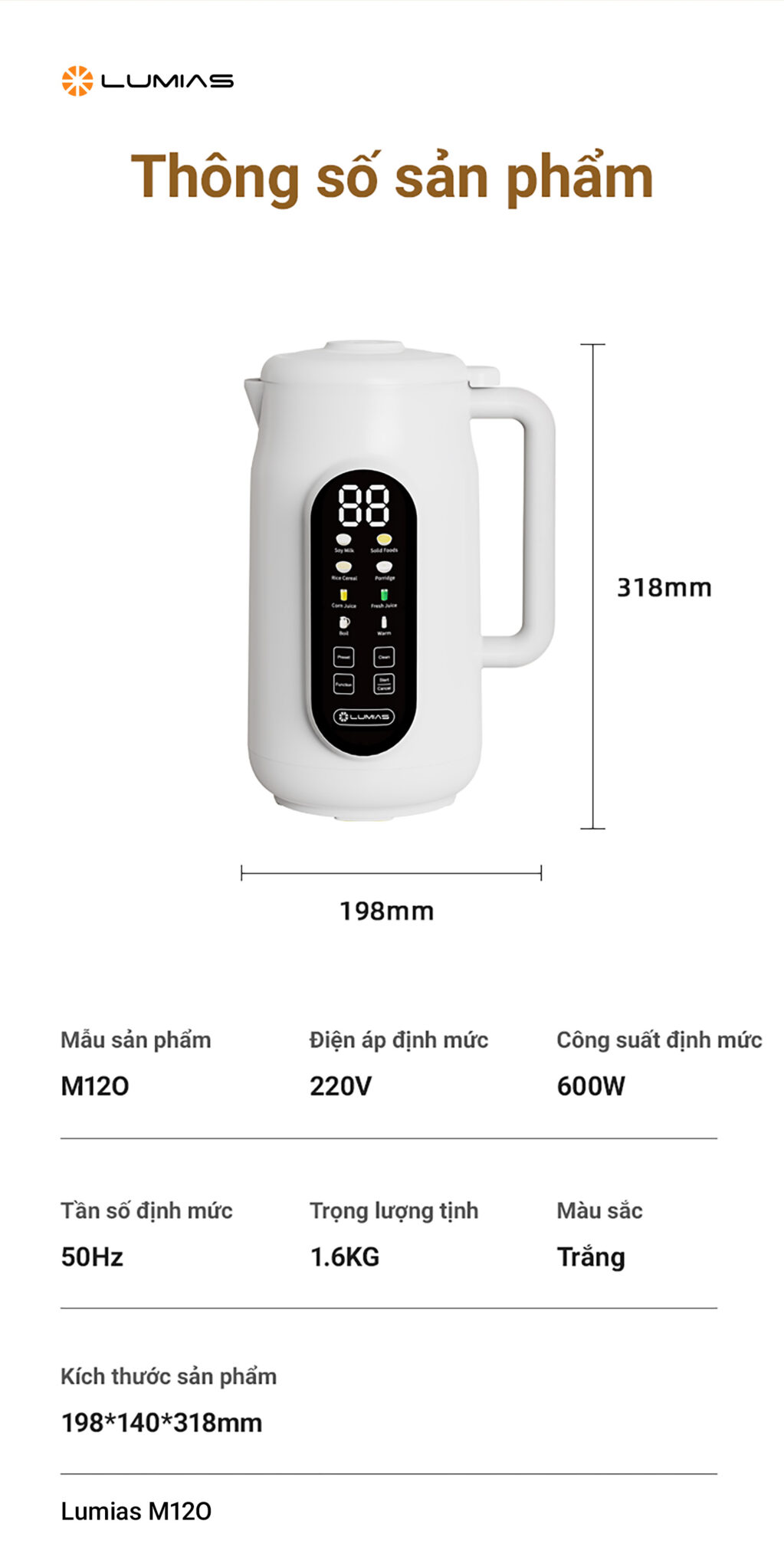 Máy làm sữa hạt 1.2L Lumias M120 thông số kỹ thuật
