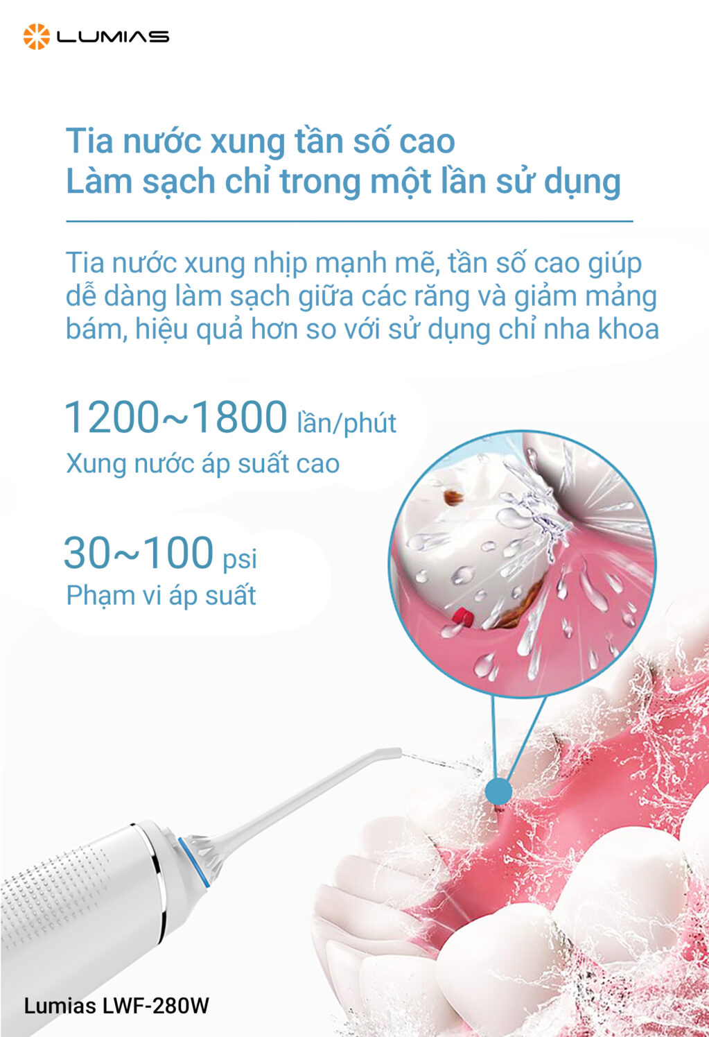 Máy tăm nước Lumias LWF-280W làm sạch trong một lần sử dụng
