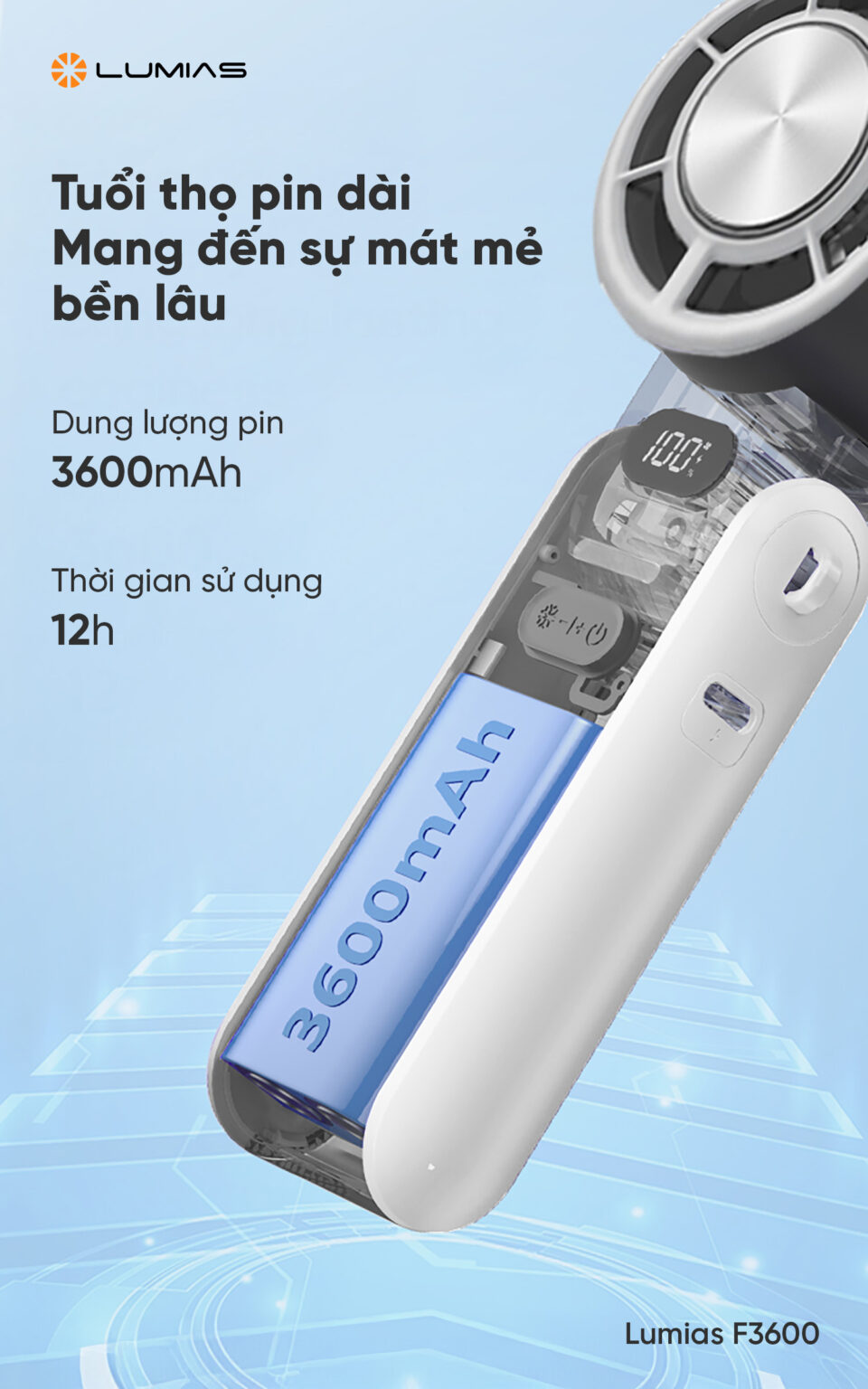 Quạt cầm tay làm lạnh Lumias F3600 mức pin lớn